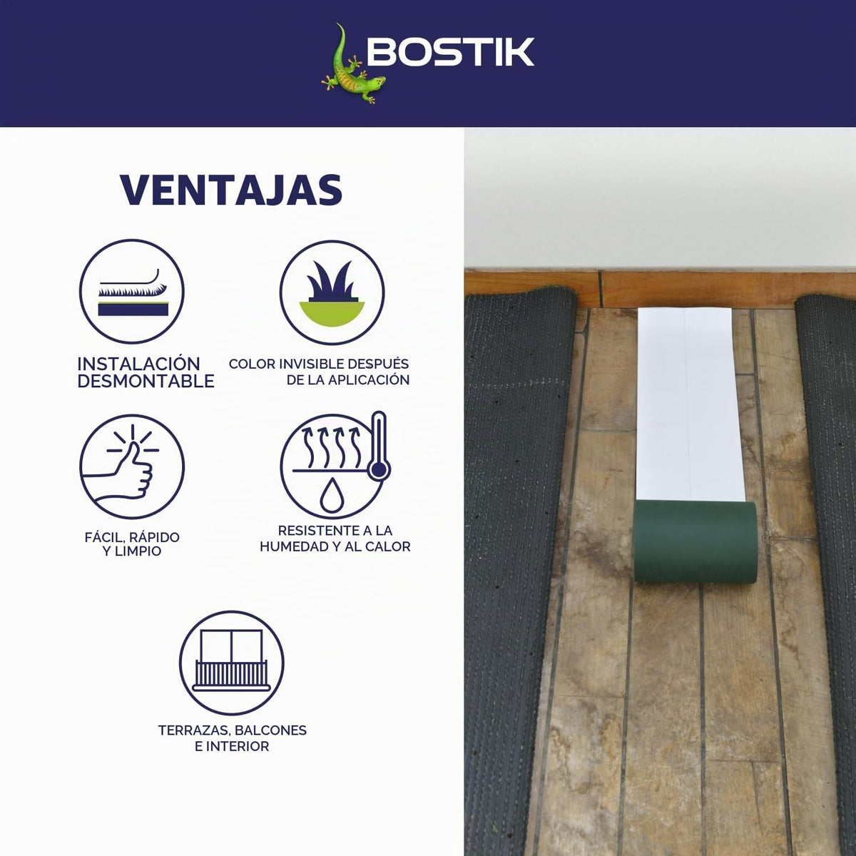 Banda adhesiva verde Bostik Deco Green colocada entre dos rollos de césped artificial, con sus ventajas: instalación desmontable, color invisible y resistente a la humedad y al calor