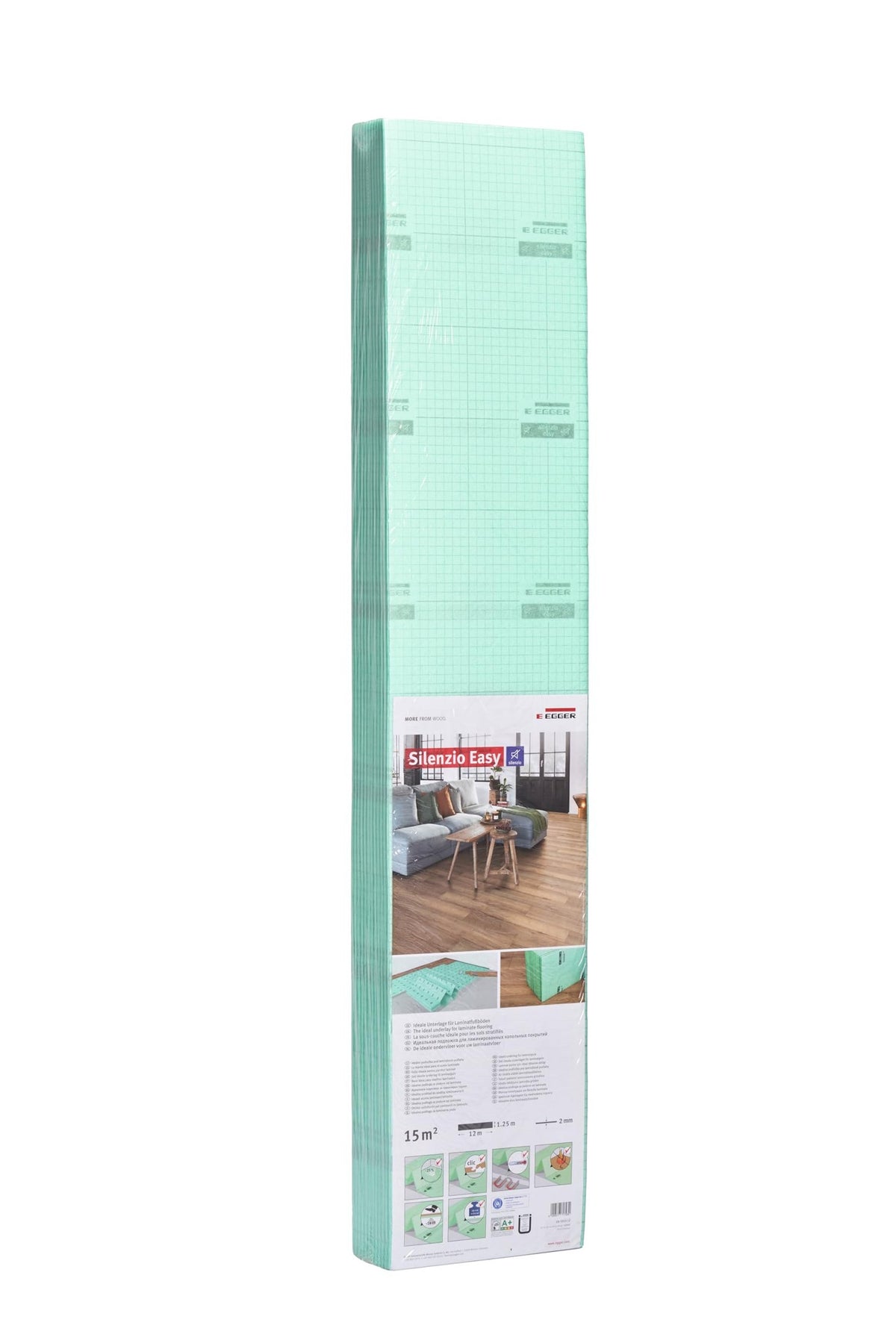 Paquete de EGGER Silenzio Easy de 15 m² (12 x 1,25 m, 2 mm) con las planchas verdes plegadas