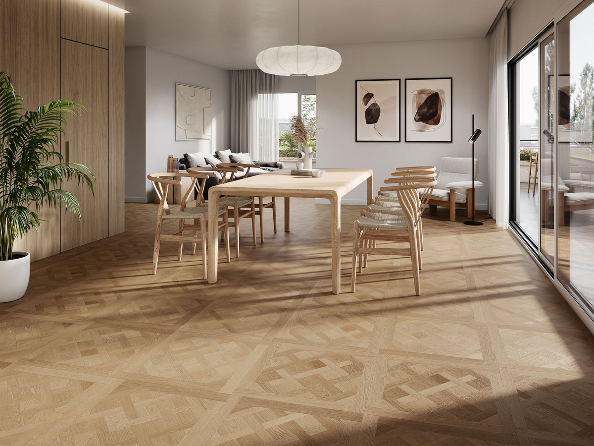 Suelo EPC Materia Versailles Classic Oak en un comedor