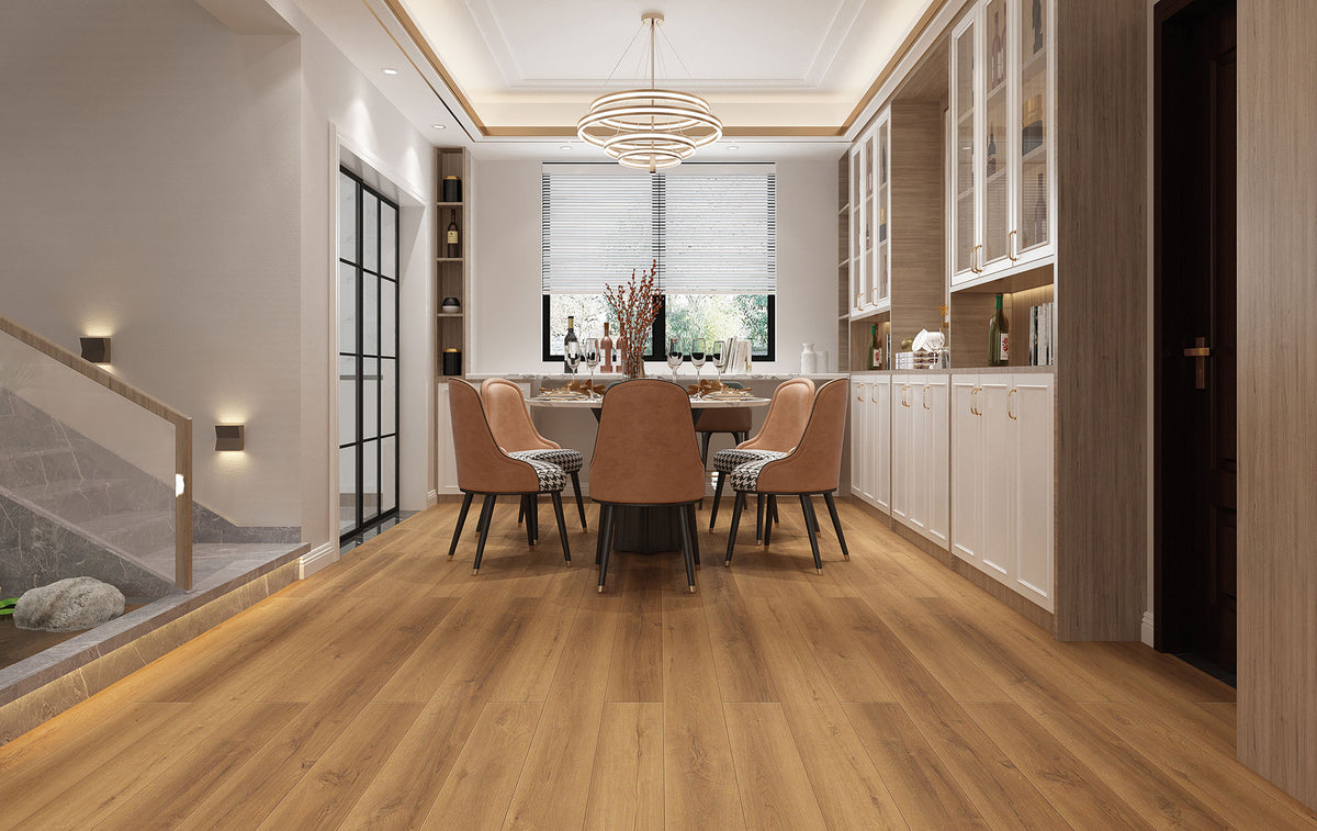 Suelo SPC Materia Arancio Beige en un comedor