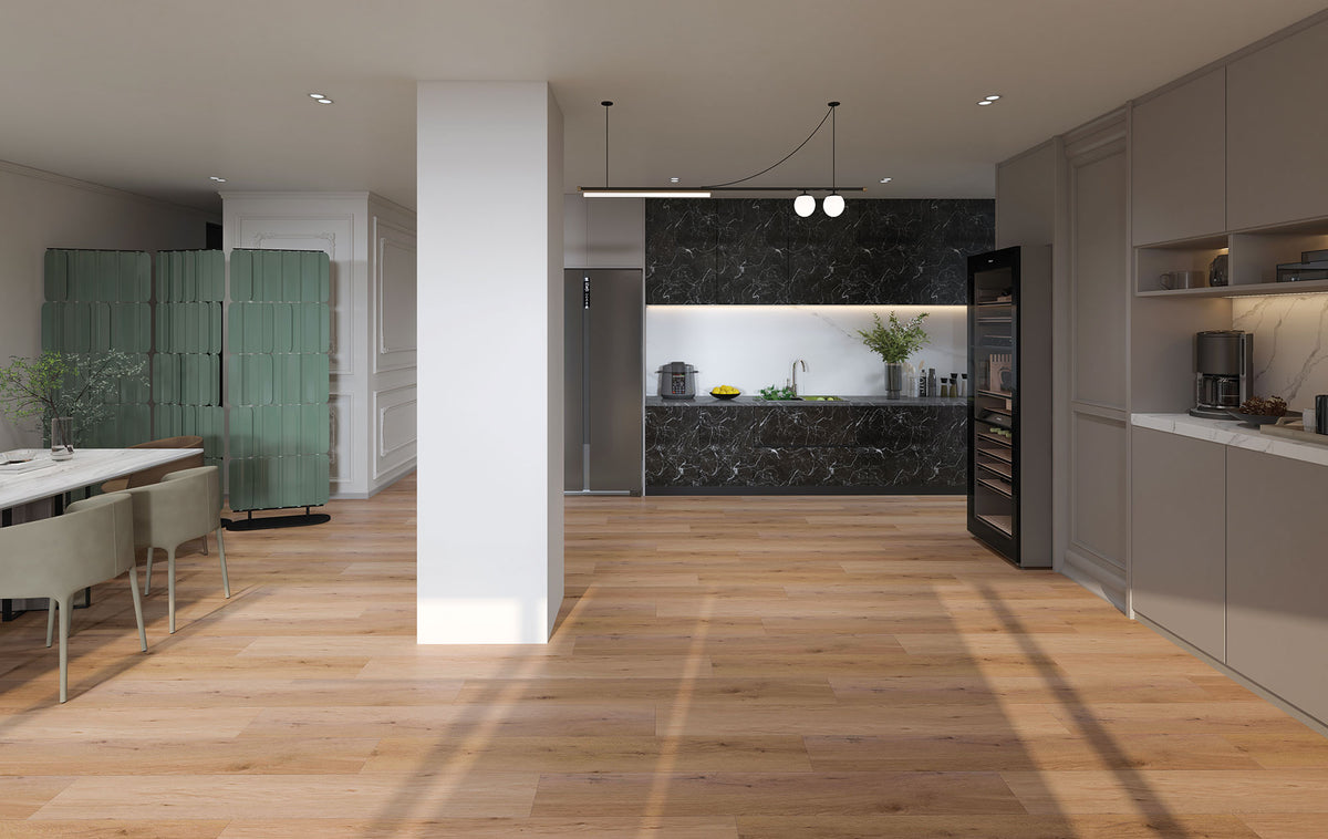 Suelo SPC Materia Sapin Beige en una cocina