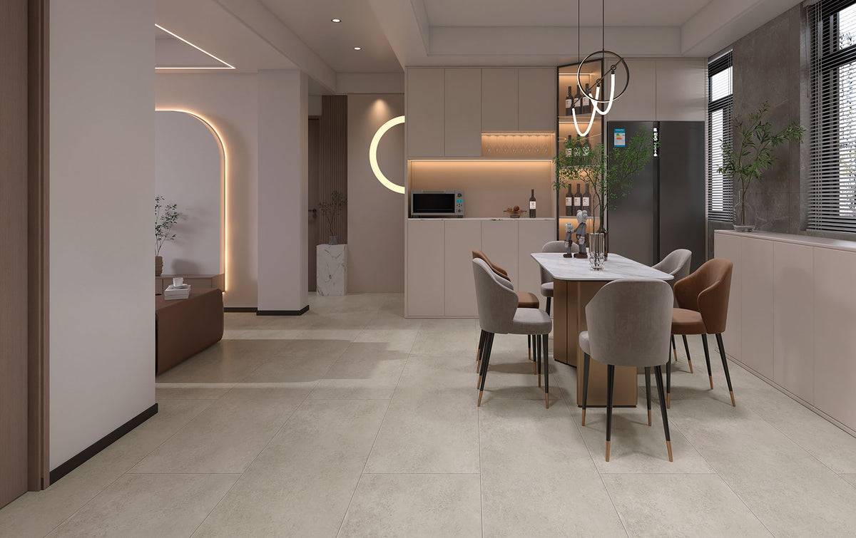 Suelo SPC Materia Stone Grunge en un comedor