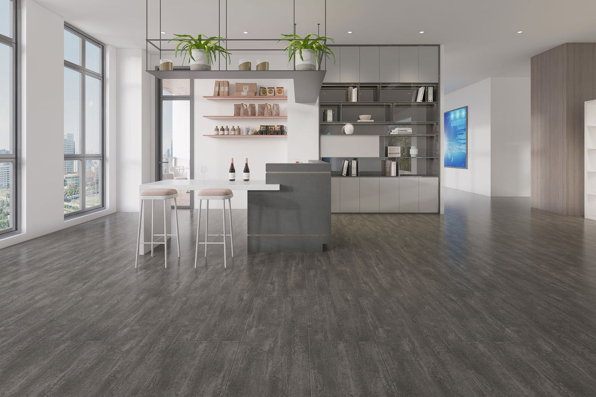 Suelo SPC Materia Stone Marquina en una cocina comedor