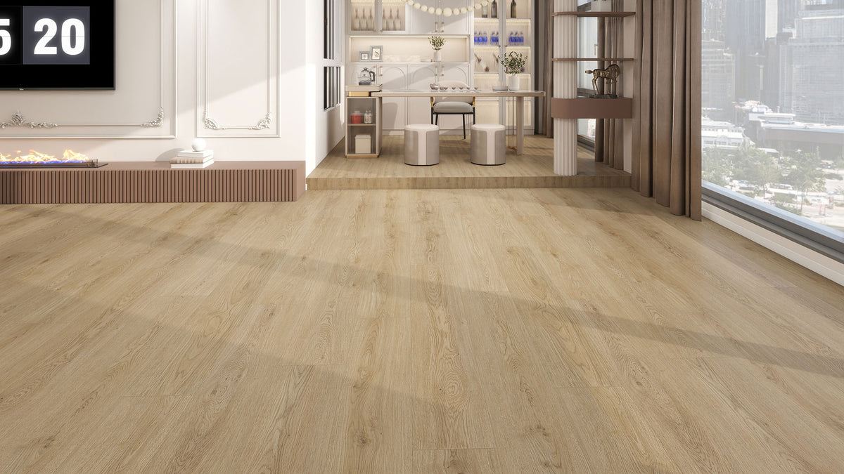 Suelo SPC Materia Timberly Roble Claro en un salón