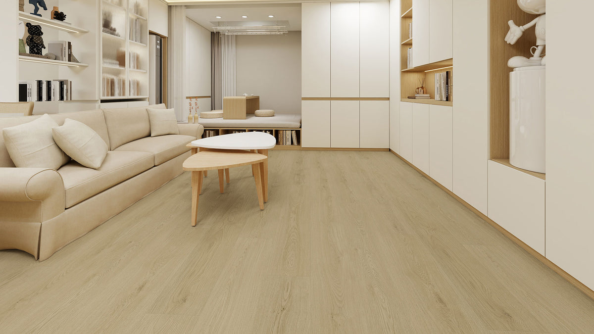 Suelo SPC Materia Timberly Roble Claro en un salón