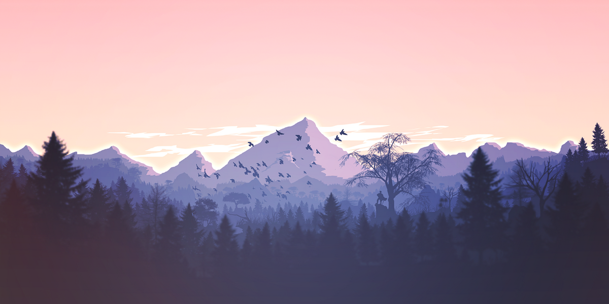 Ilustración de un paisaje de montaña y bosque al atardecer para la iniciativa Plantemos Juntos