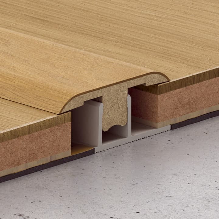Perfil Quick-Step Incizo 5 en 1 como perfil de dilatación entre dos zonas del mismo suelo (ejemplo en una tarima de roble)
