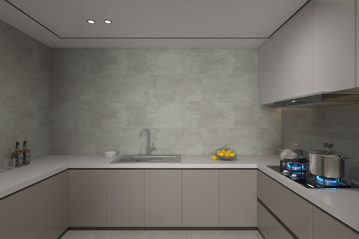 Revestimiento de pared SPC Materia Stone Antracita en la pared de una cocina