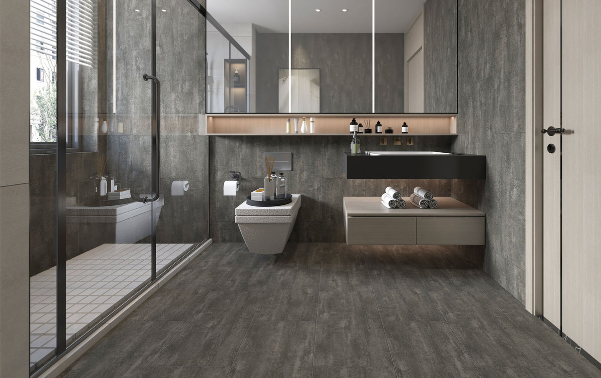 Revestimiento de pared SPC Materia Stone Marquina en un baño
