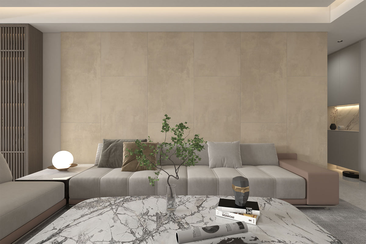 Revestimiento de pared SPC Materia Stone Nácar en la pared de un salón