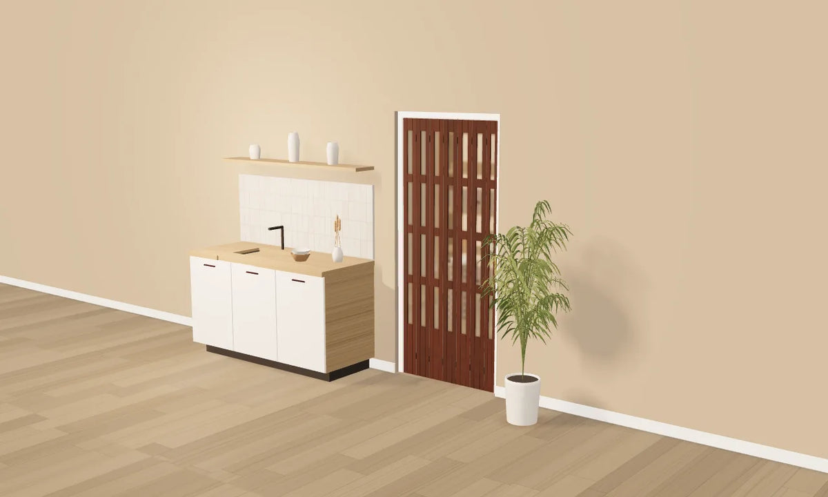 Puerta plegable acristalada de madera natural en Sapelly mallado
