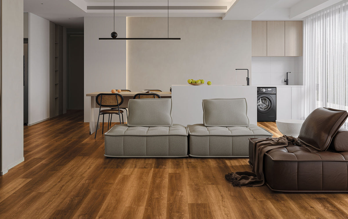 Suelo SPC Materia Arancio Brown en un salón