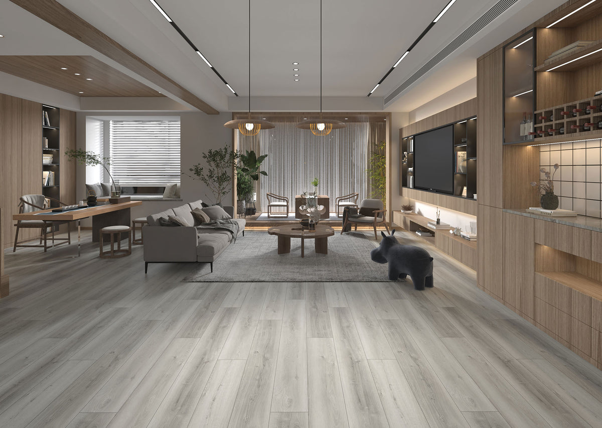 Suelo SPC Materia Arancio Light Grey en un salón