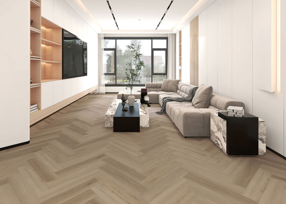 Suelo SPC Materia Madi Natural Espiga en un salón
