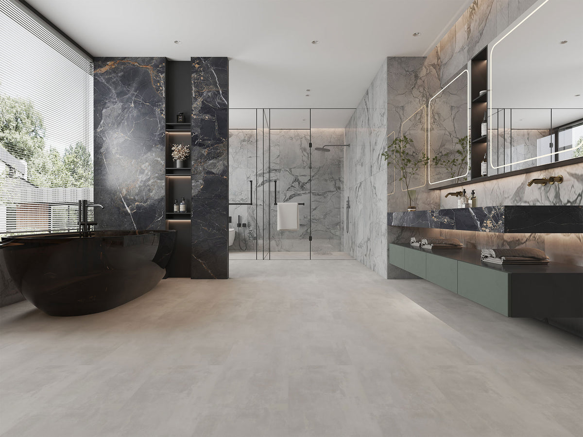 Suelo SPC Materia Stone Grafito en un baño